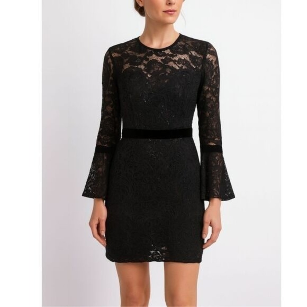 Tadashi Shoji Bell Sleeve Lace Sheath Dress Women's 6 Black Sequin Velvet Trim